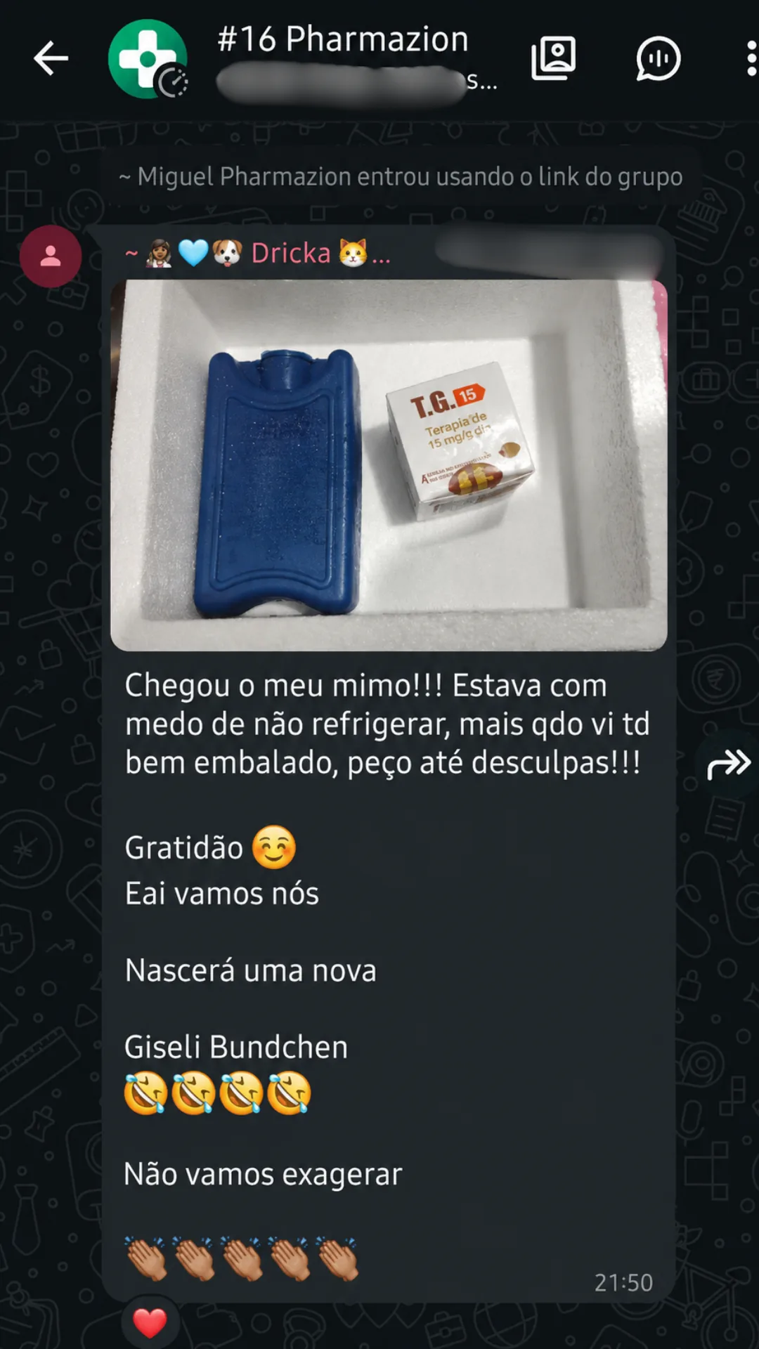 Conversa do grupo com relato de entrega