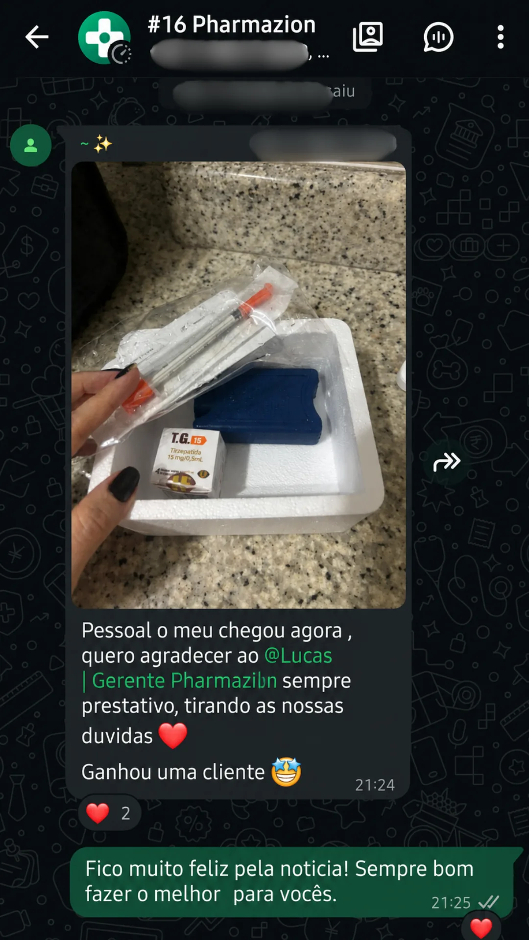 Conversa do grupo com foto do produto recebido